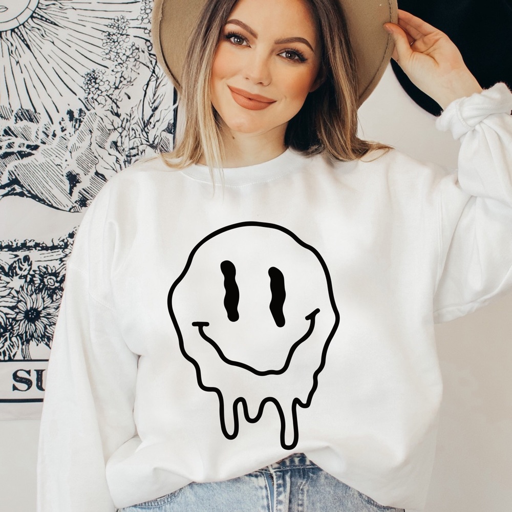 Graphic “Trippy Smiley Face” Crew Neck Long Sleeve Sweatshirt - Picture 1 of 2